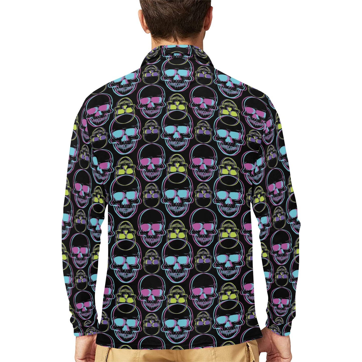 Skull 3D Colorful Print Design LKS309 Long Sleeve Polo Shirt For Men's