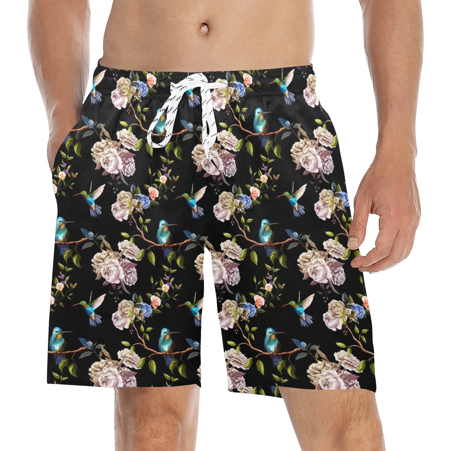 Hummingbird Flower Themed Print Men's Swim Trunks Beach Shorts