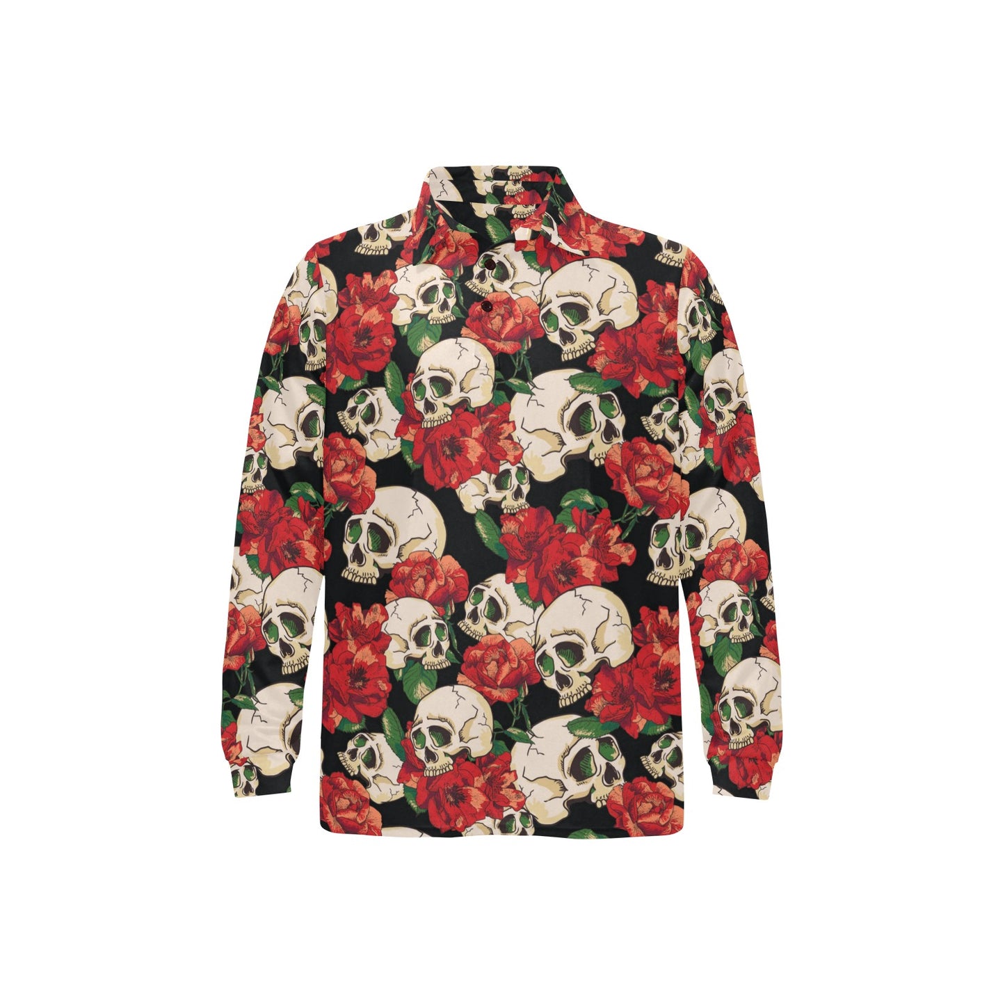 Skull Red Rose Long Sleeve Polo Shirt For Men's