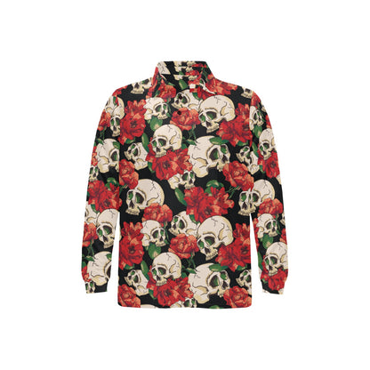 Skull Red Rose Long Sleeve Polo Shirt For Men's