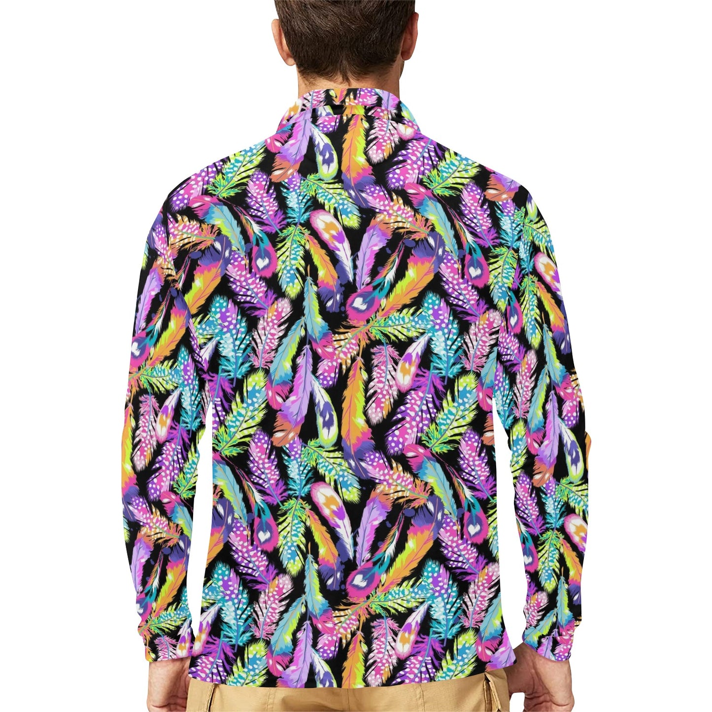 Neon Feather Pattern Print Design A02 Long Sleeve Polo Shirt For Men's