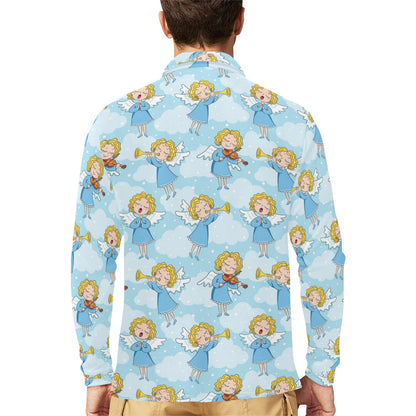 Angel Musician Pattern Print Design 09 Long Sleeve Polo Shirt For Men's