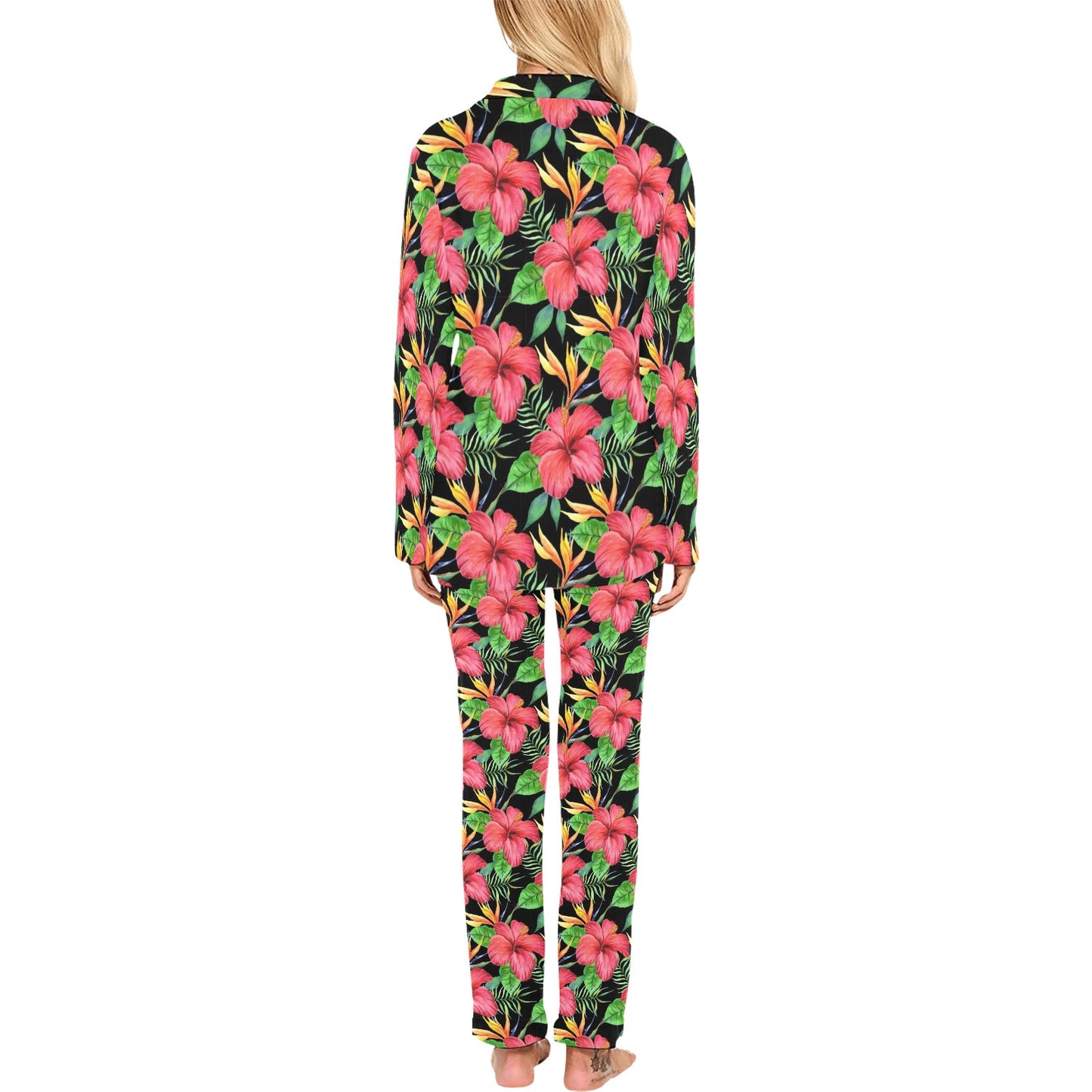 Red Hibiscus Pattern Print Design HB07 Women's Long Pajama Set