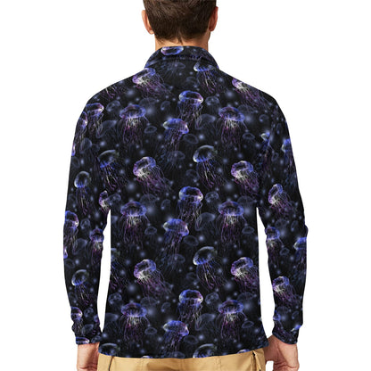 Jellyfish Themed Long Sleeve Polo Shirt For Men's