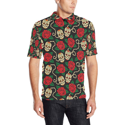 Sugar Skull Red Rose Print Design LKS301 Men Polo Shirt