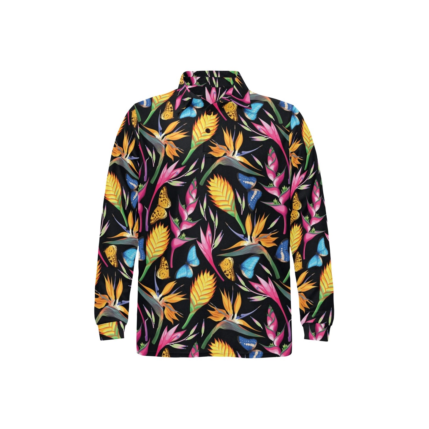 Tropical Flower Pattern Print Design TF016 Long Sleeve Polo Shirt For Men's