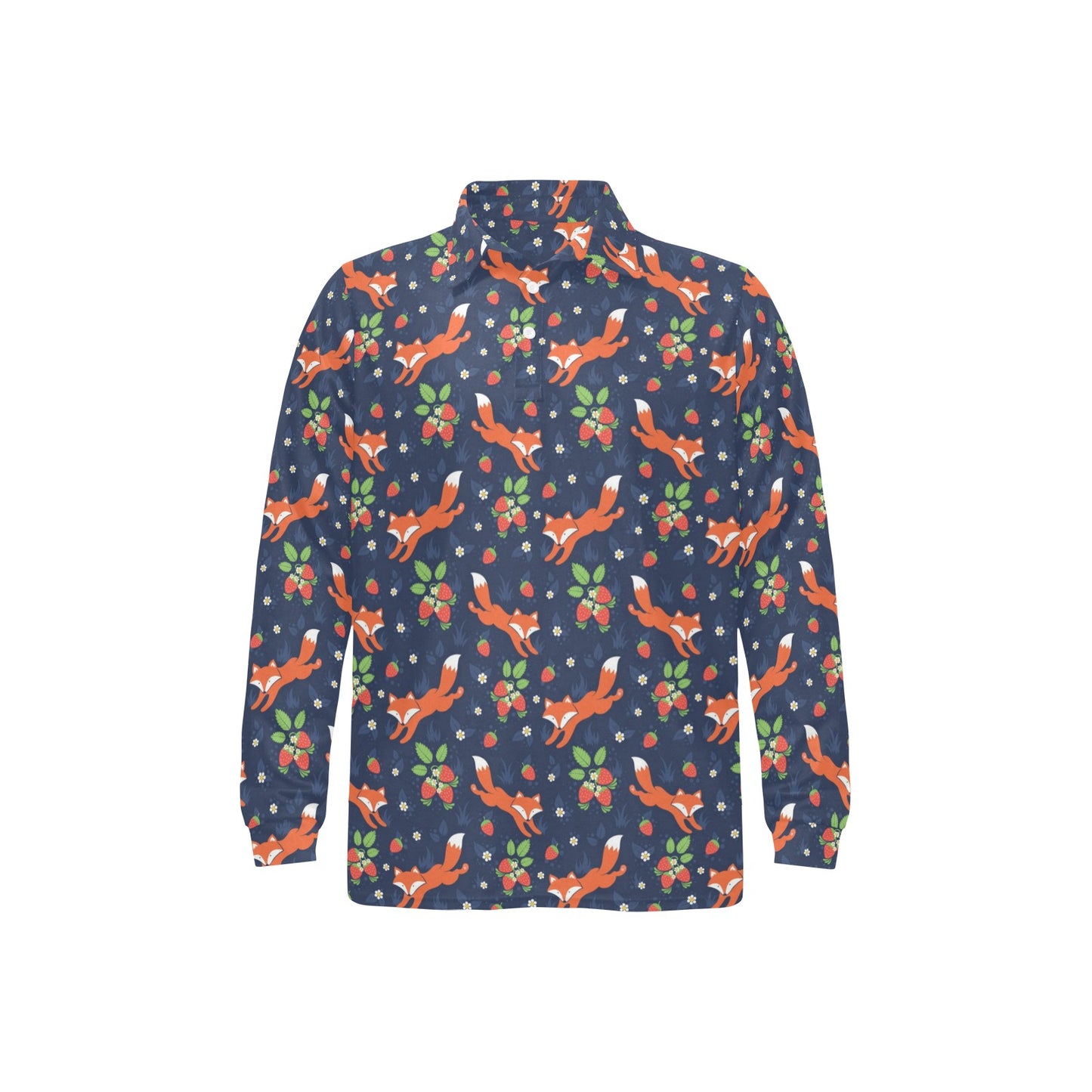 Fox Strawberry Print Pattern Long Sleeve Polo Shirt For Men's