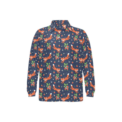 Fox Strawberry Print Pattern Long Sleeve Polo Shirt For Men's