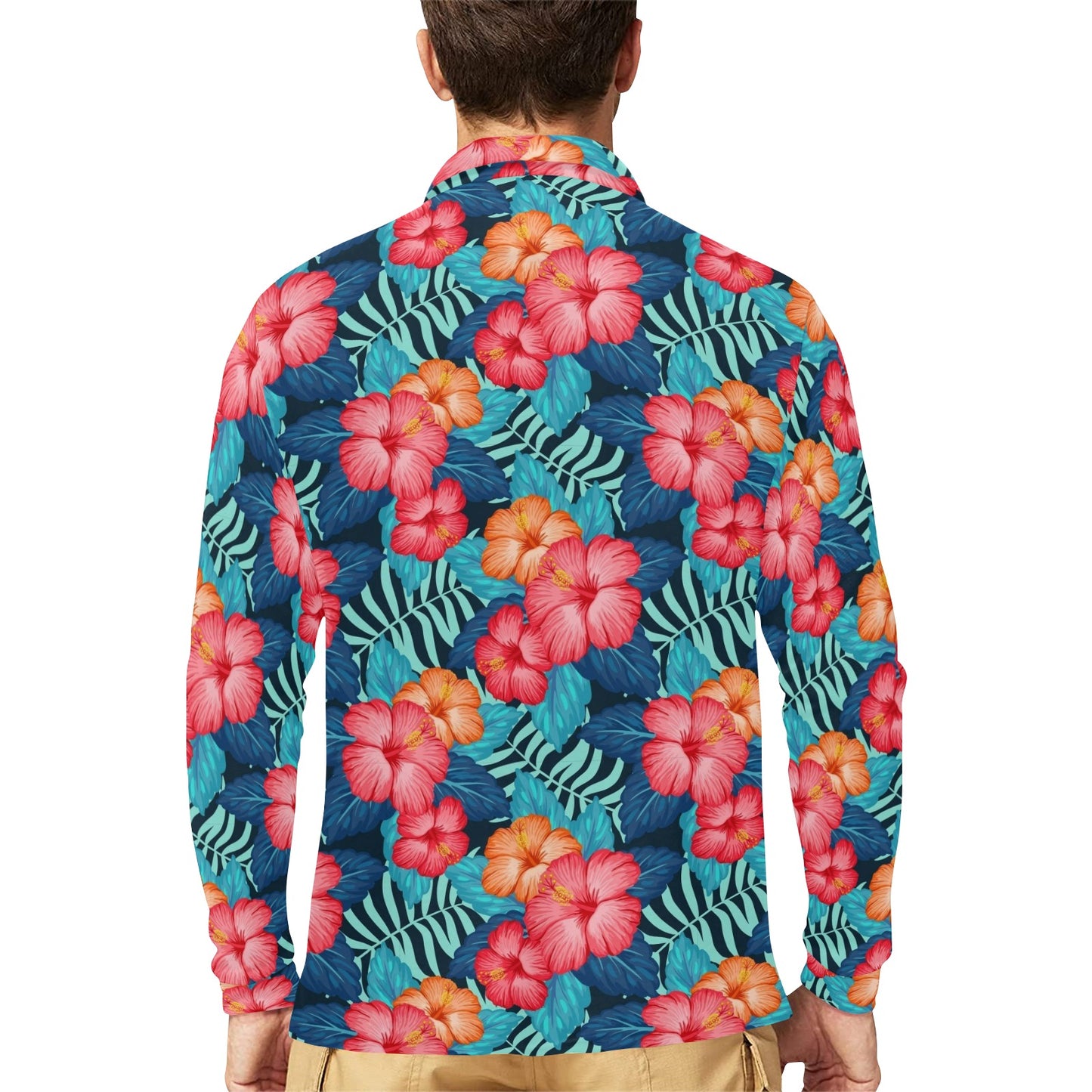Red Hibiscus Pattern Print Design HB02 Long Sleeve Polo Shirt For Men's
