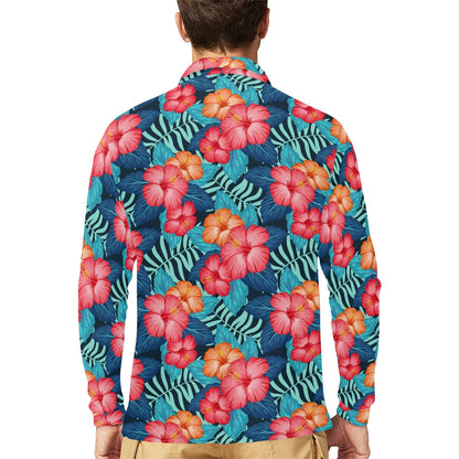 Red Hibiscus Pattern Print Design HB02 Long Sleeve Polo Shirt For Men's