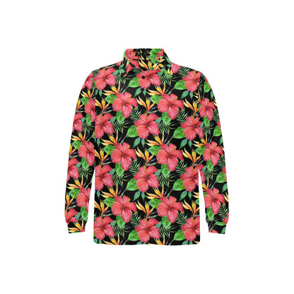 Red Hibiscus Pattern Print Design HB07 Long Sleeve Polo Shirt For Men's