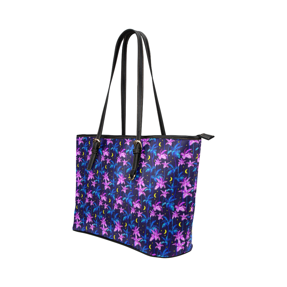 Palm Tree Night Scene Design Print Leather Tote Bag
