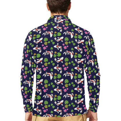 Koi Carp Pattern Design Themed Print Long Sleeve Polo Shirt For Men's