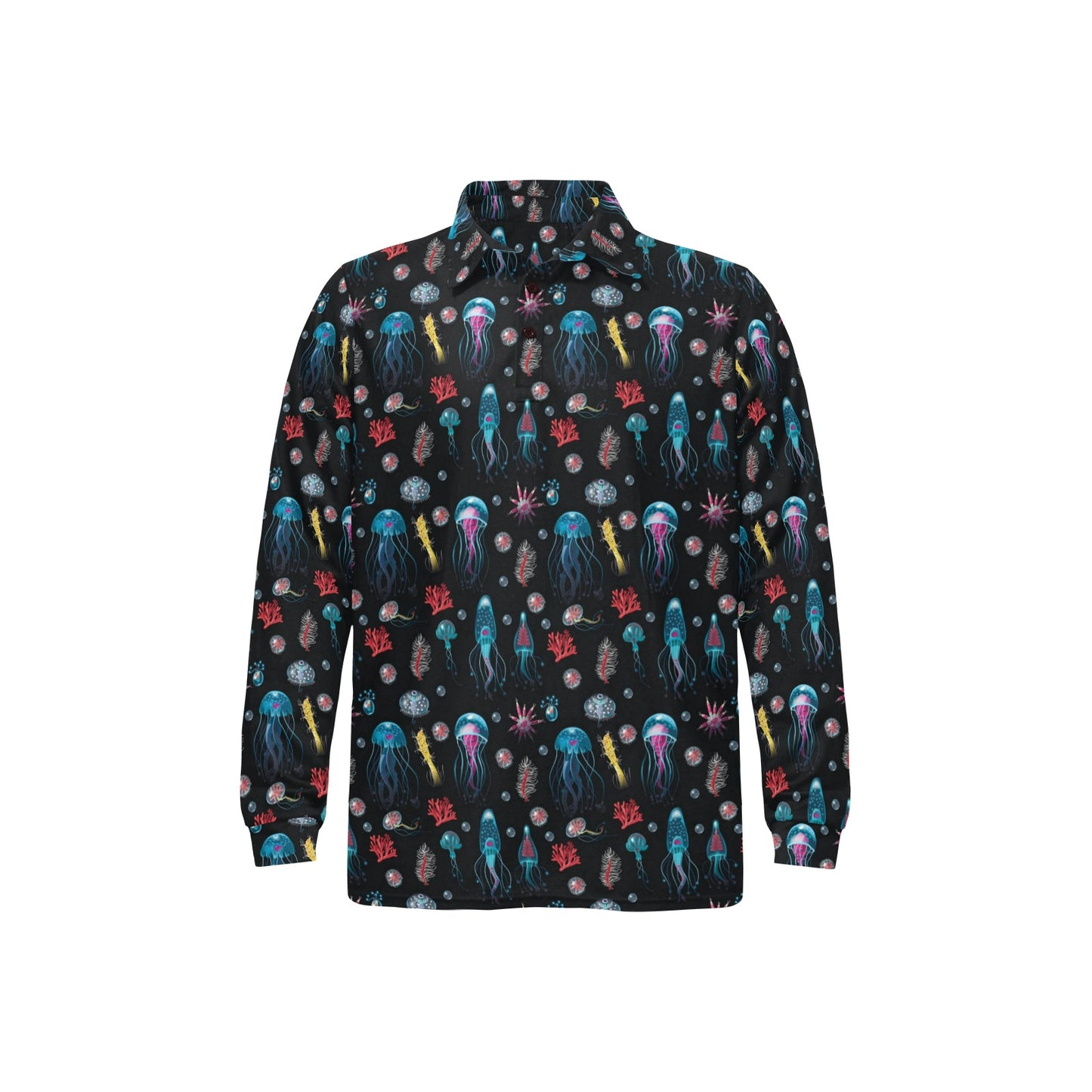 Jellyfish Underwater Print Long Sleeve Polo Shirt For Men's