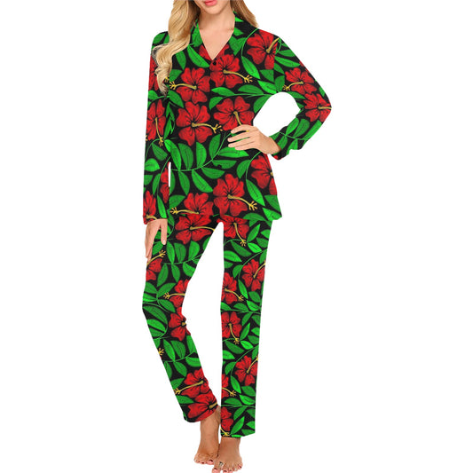Red Hibiscus Embroidered Pattern Print Design HB032 Women's Long Pajama Set