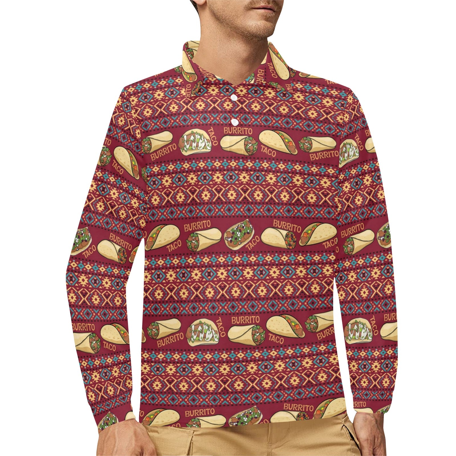 Burrito Taco Print Design LKS302 Long Sleeve Polo Shirt For Men's