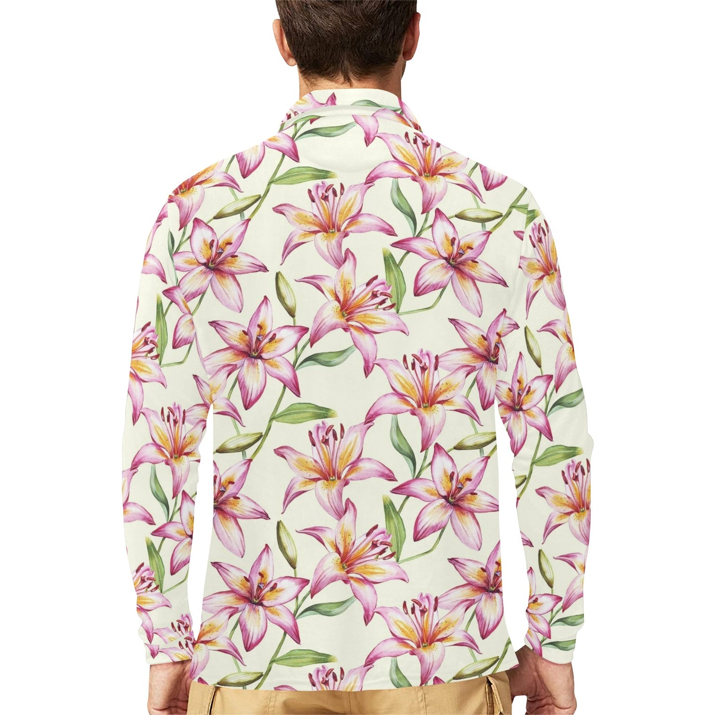 Lily Pattern Print Design LY011 Long Sleeve Polo Shirt For Men's