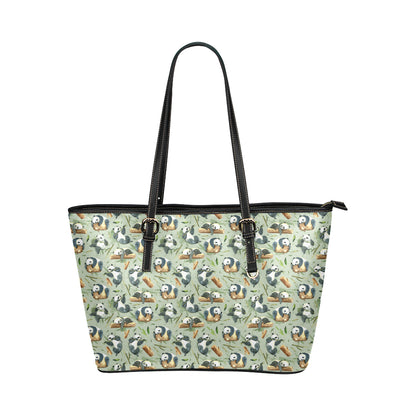 Panda Bear Design Bamboo Print Leather Tote Bag