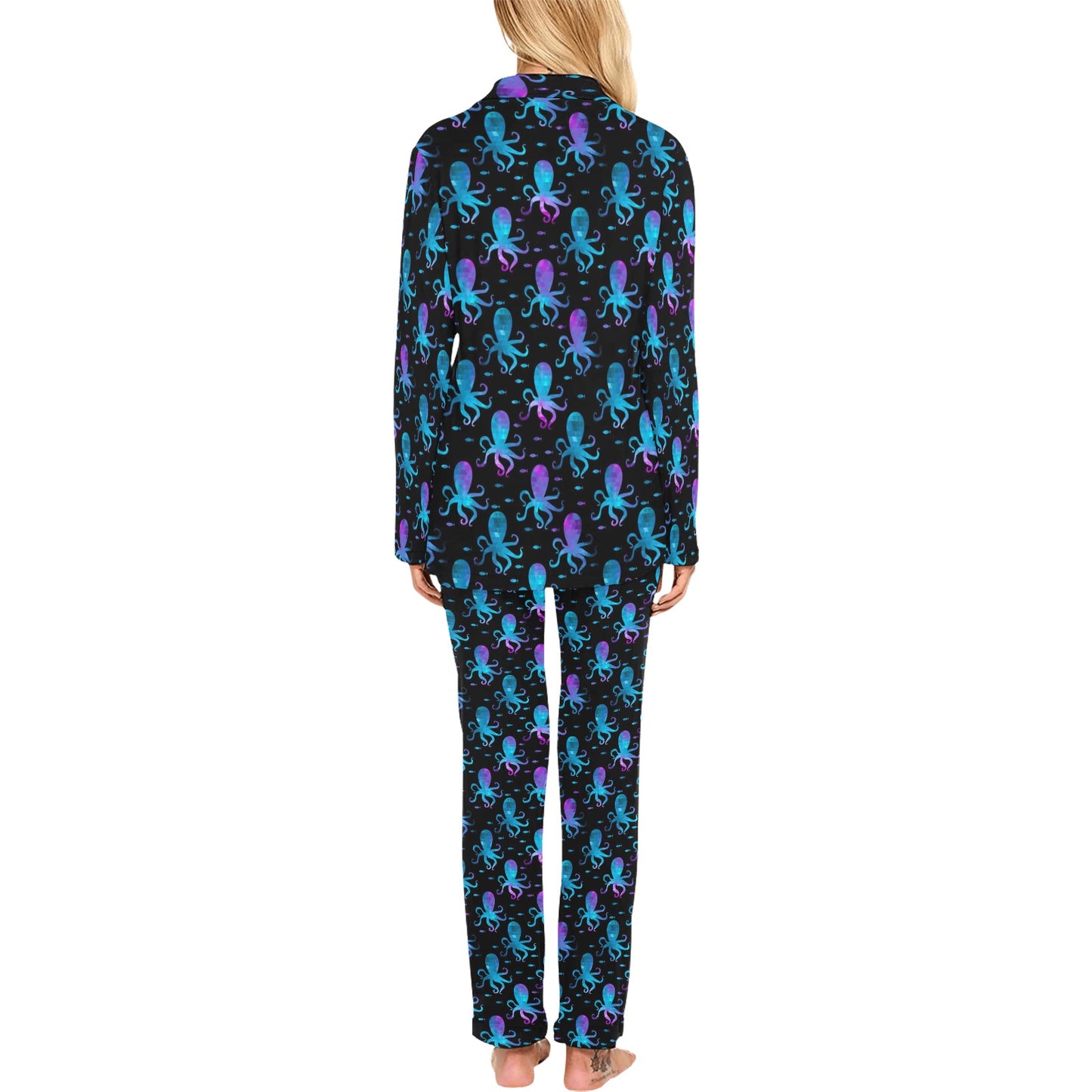 Octopus Blue Design Print Themed Women's Long Pajama Set