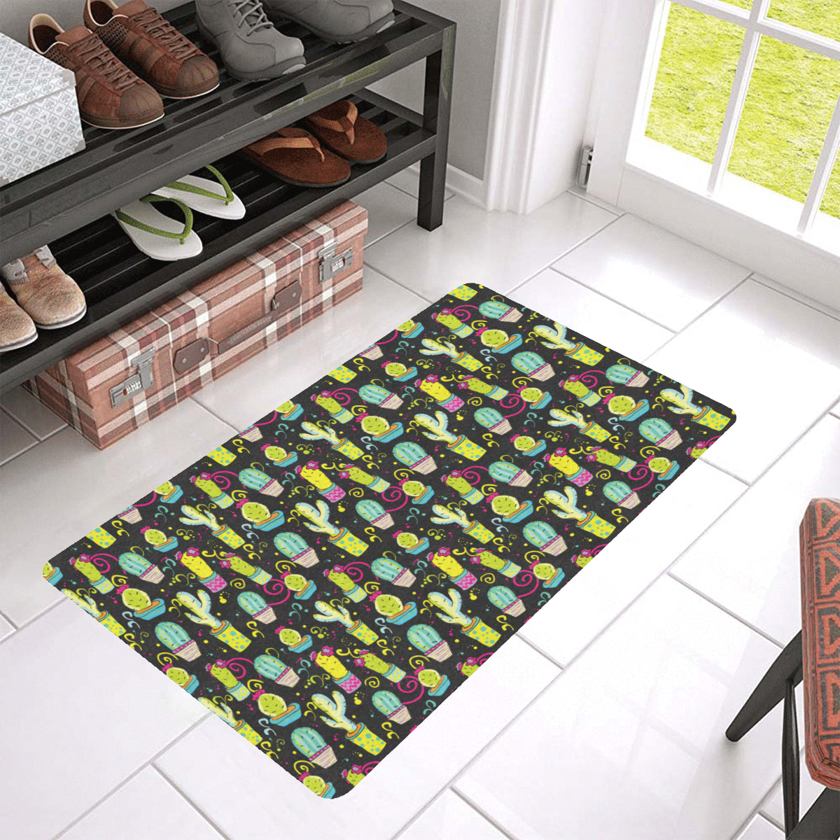 Cactus Neon Style Print Pattern Rubber Doormat