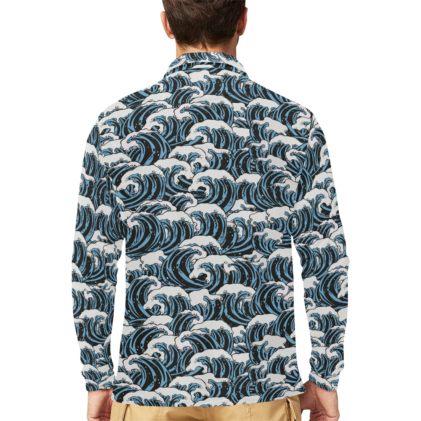 Surf Wave Pattern Print Long Sleeve Polo Shirt For Men's