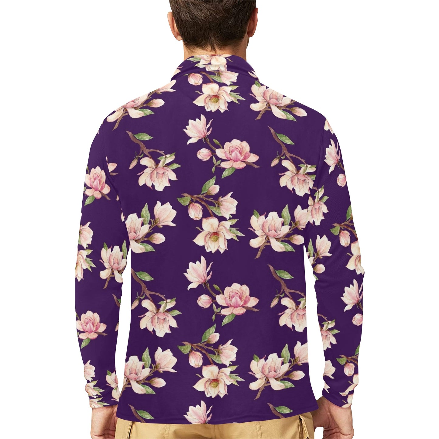 Magnolia Pattern Print Design MAG02 Long Sleeve Polo Shirt For Men's