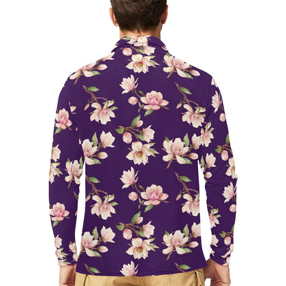 Magnolia Pattern Print Design MAG02 Long Sleeve Polo Shirt For Men's