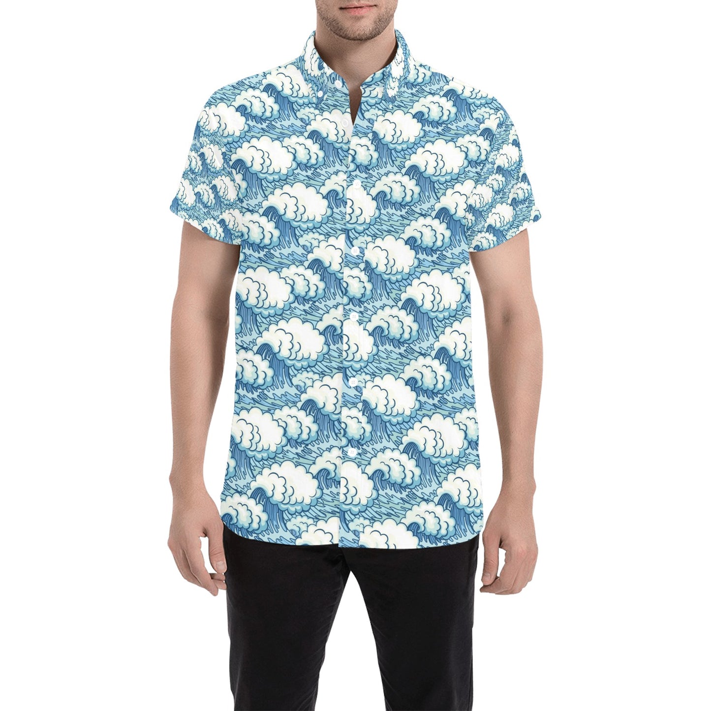 Wave Japan Style Print Design LKS304 Men Short Sleeve Button Up Shirt