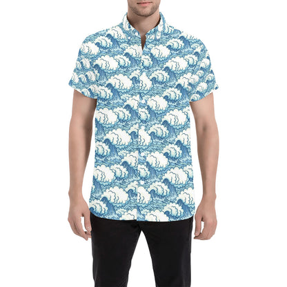 Wave Japan Style Print Design LKS304 Men Short Sleeve Button Up Shirt