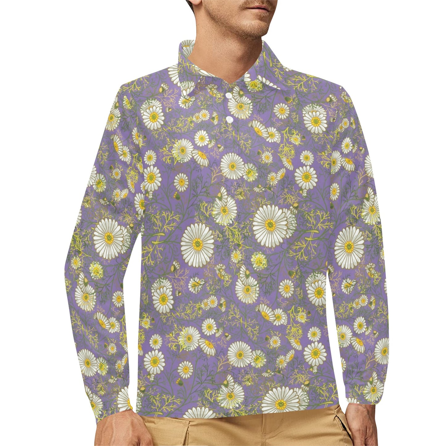 Daisy Pattern Print Design DS011 Long Sleeve Polo Shirt For Men's