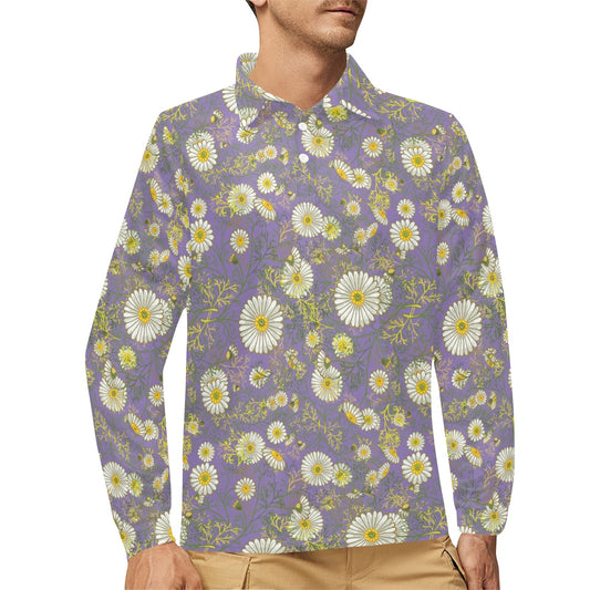 Daisy Pattern Print Design DS011 Long Sleeve Polo Shirt For Men's