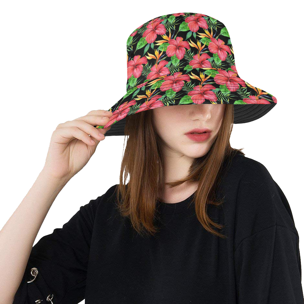 Red Hibiscus Pattern Print Design HB07 Unisex Bucket Hat
