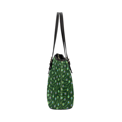 Peacock Feather Green Design Print Leather Tote Bag