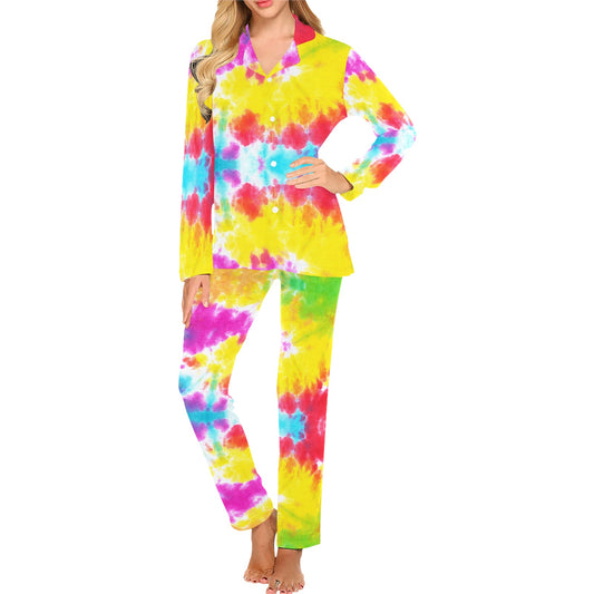 Tie Dye Rainbow Themed Print Women's Long Pajama Set