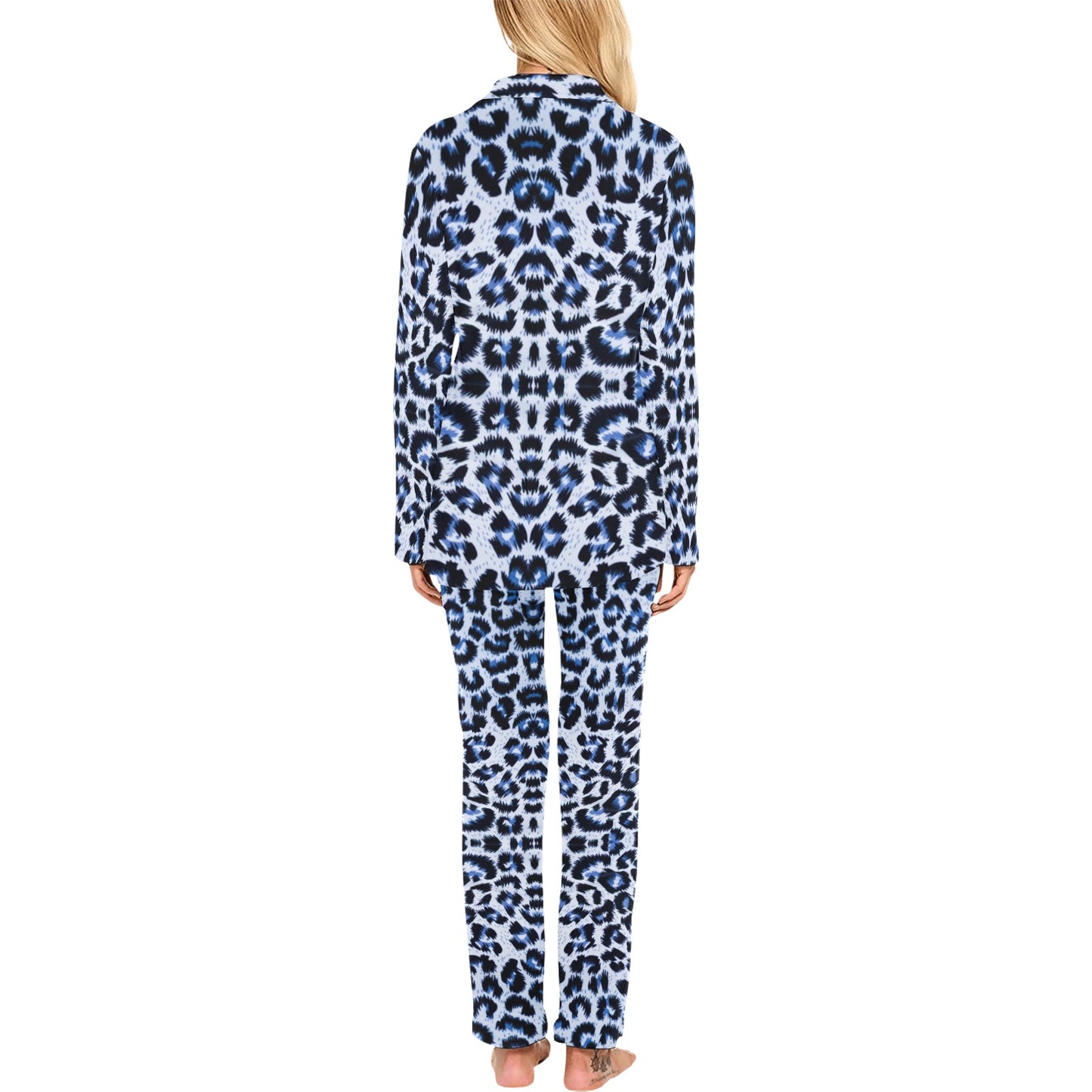 Leopard Blue Skin Print Women's Long Pajama Set