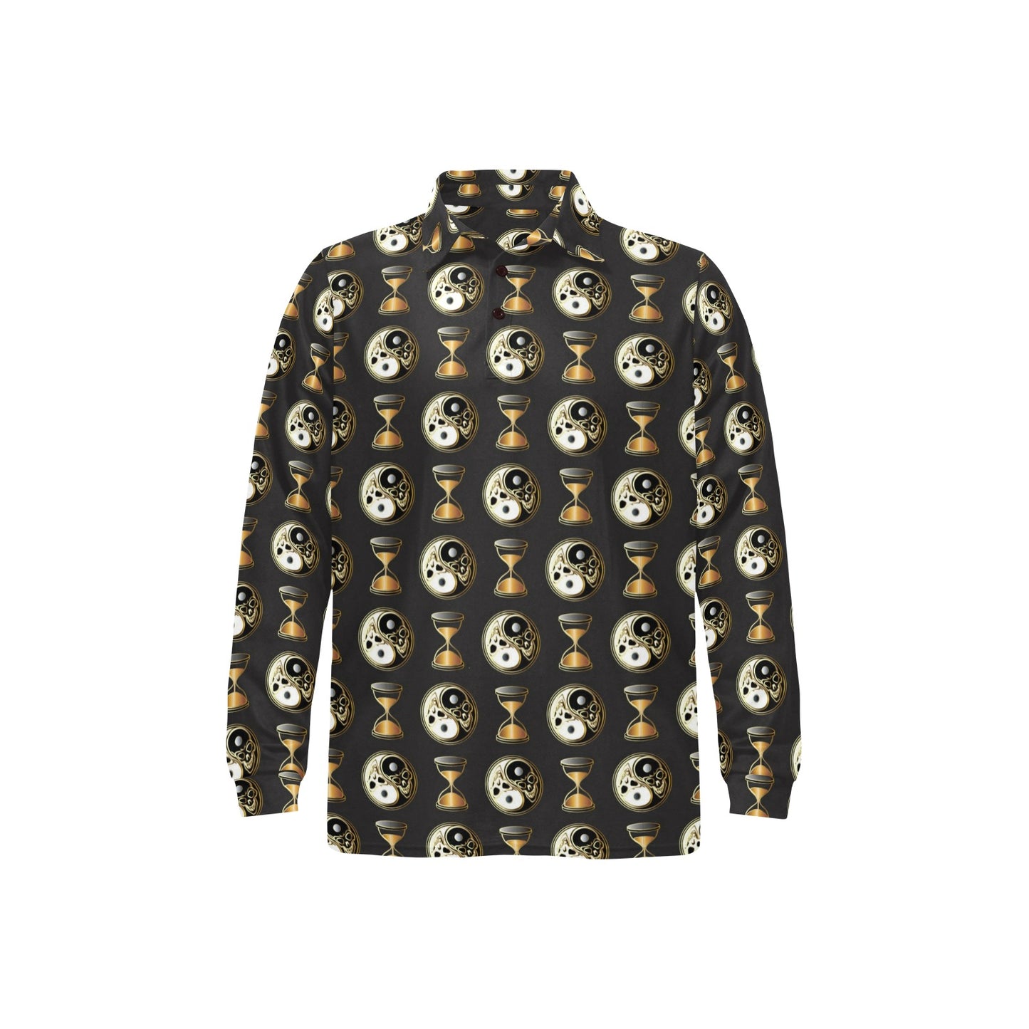 Yin Yang Skull Themed Design Print Long Sleeve Polo Shirt For Men's