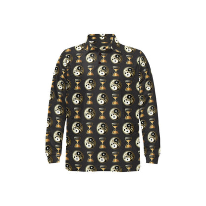 Yin Yang Skull Themed Design Print Long Sleeve Polo Shirt For Men's