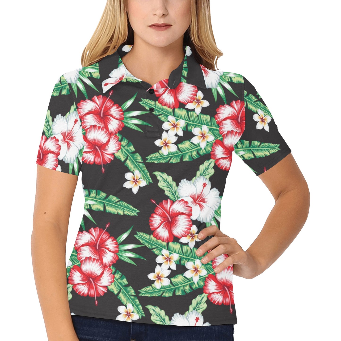 Hawaiian flower tropical leaves Women's Polo Shirt