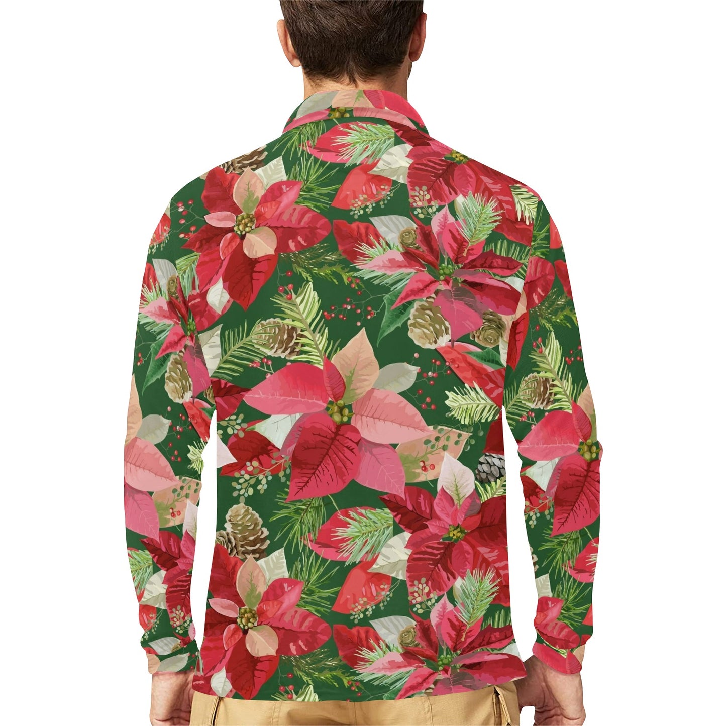 Poinsettia Pattern Print Design POT03 Long Sleeve Polo Shirt For Men's