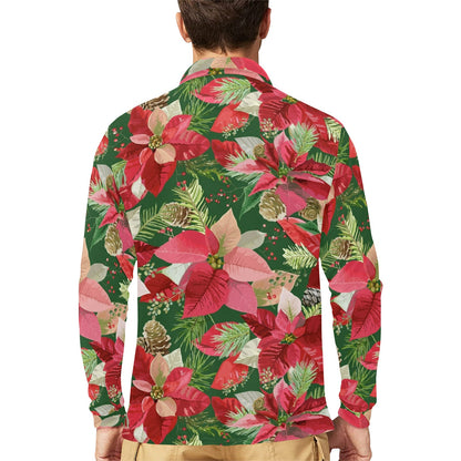 Poinsettia Pattern Print Design POT03 Long Sleeve Polo Shirt For Men's