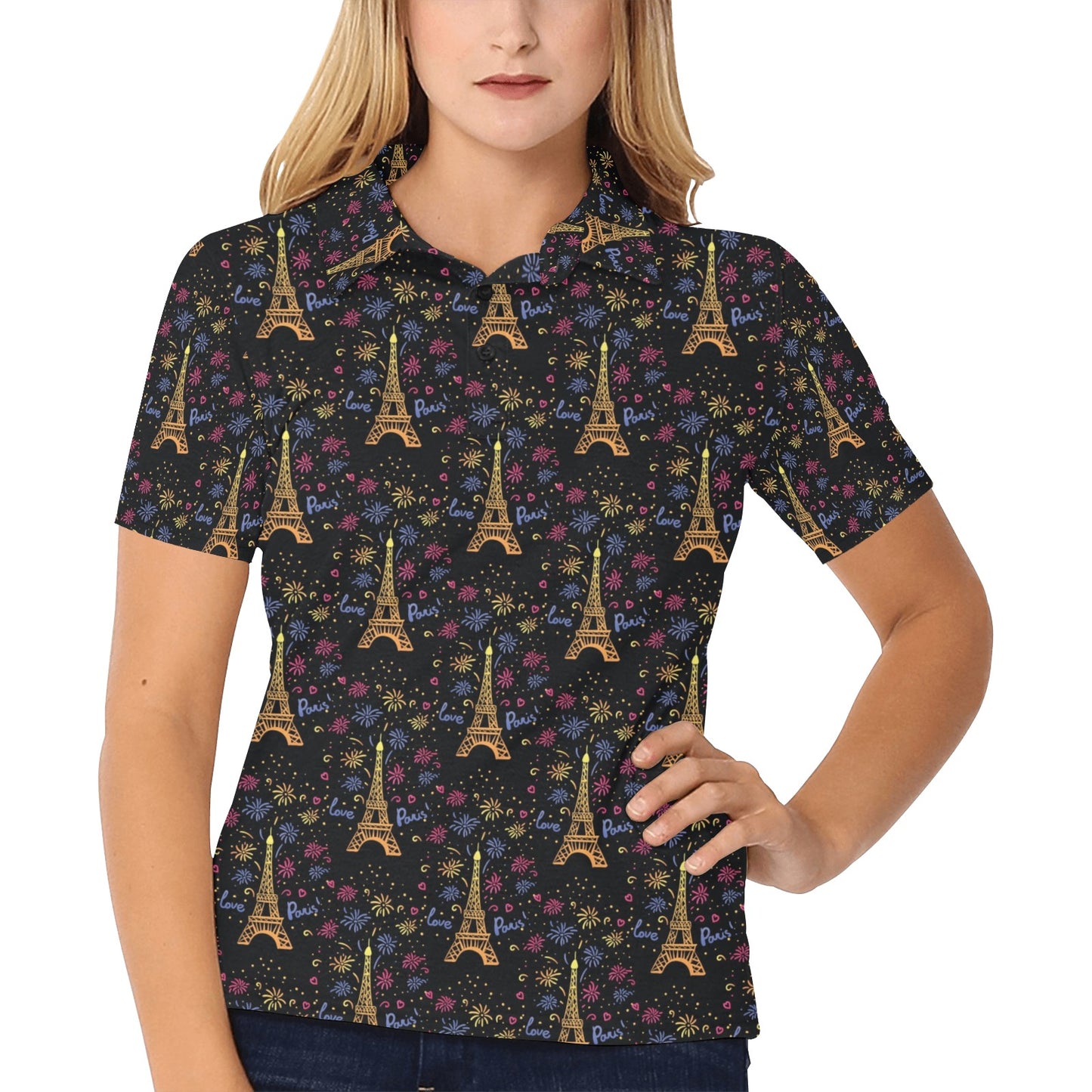 Eiffel Tower Love Paris Print Women's Polo Shirt