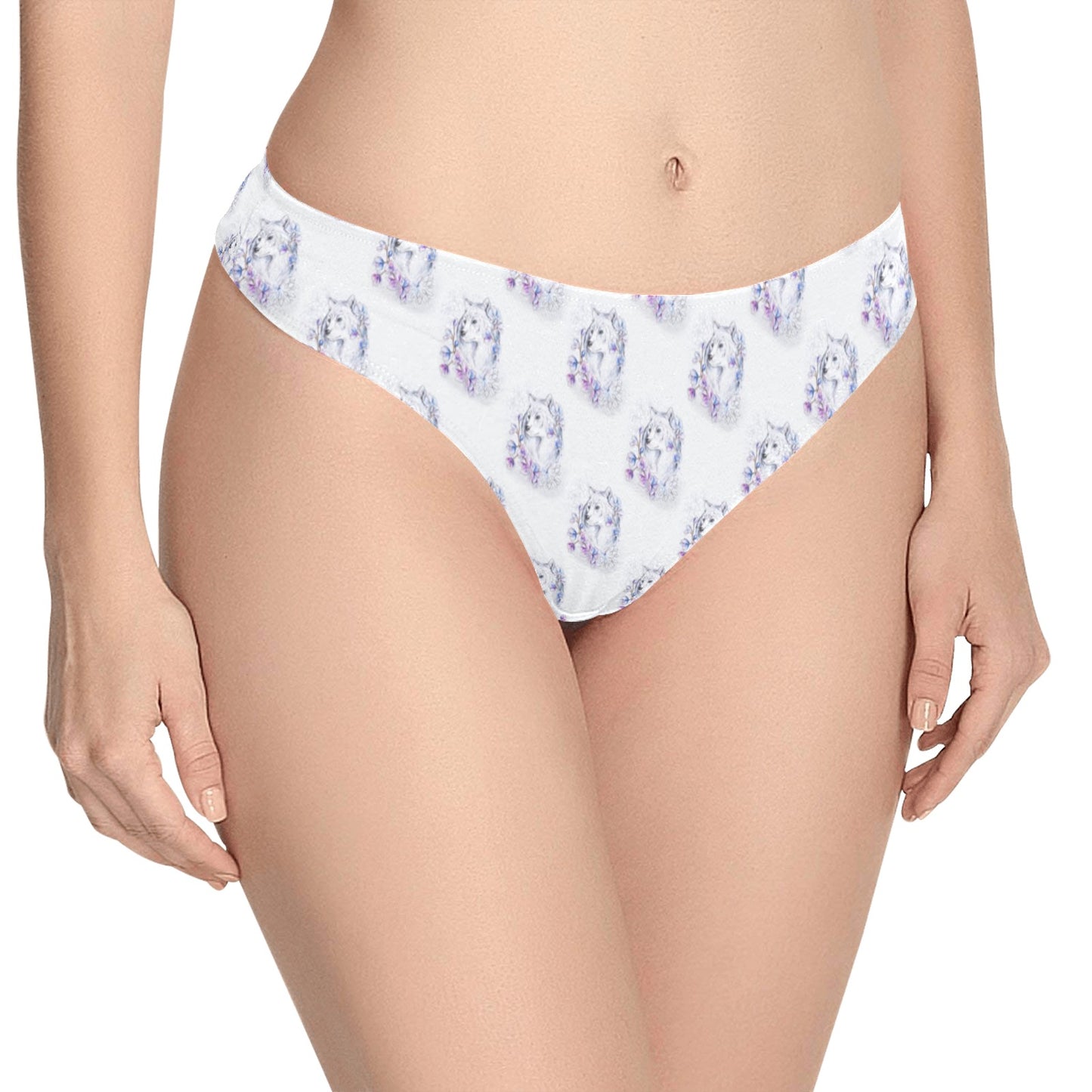 Wolf with Flower Print Design Women's Thongs