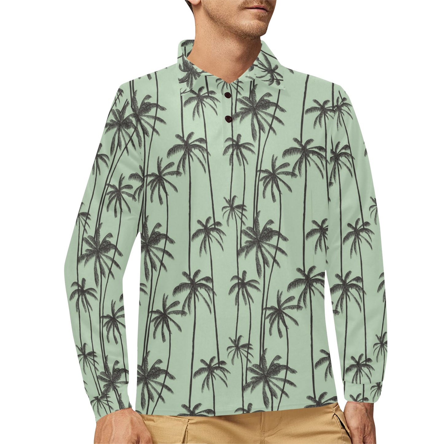 Palm Tree Pattern Print Design A04 Long Sleeve Polo Shirt For Men's