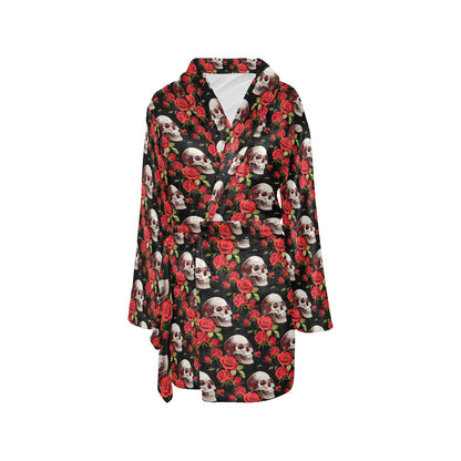Red Rose Skull Design Print Women's Fleece Robe