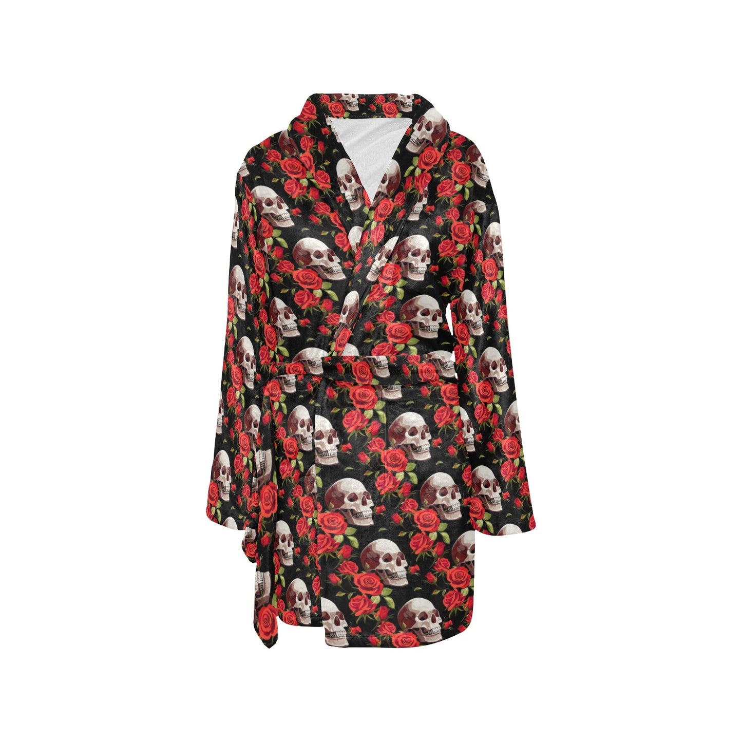 Red Rose Skull Design Print Women's Fleece Robe