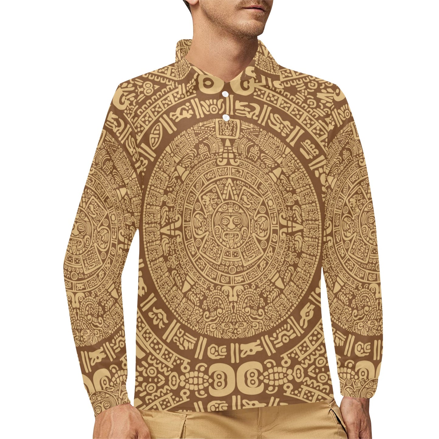 Mayan Pattern Print Design 01 Long Sleeve Polo Shirt For Men's