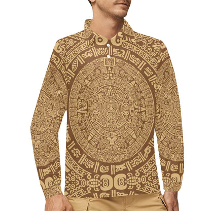 Mayan Pattern Print Design 01 Long Sleeve Polo Shirt For Men's