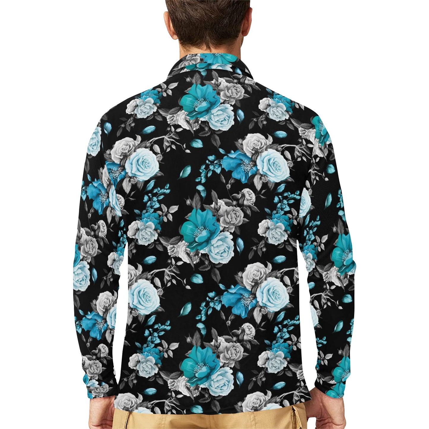 Rose Pattern Print Design A02 Long Sleeve Polo Shirt For Men's