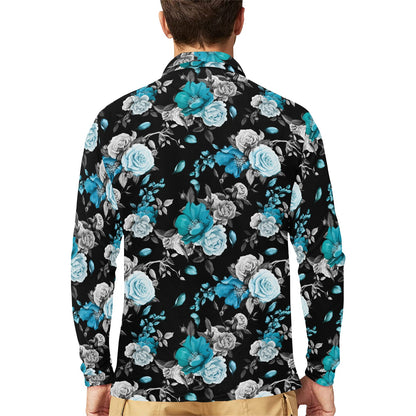 Rose Pattern Print Design A02 Long Sleeve Polo Shirt For Men's