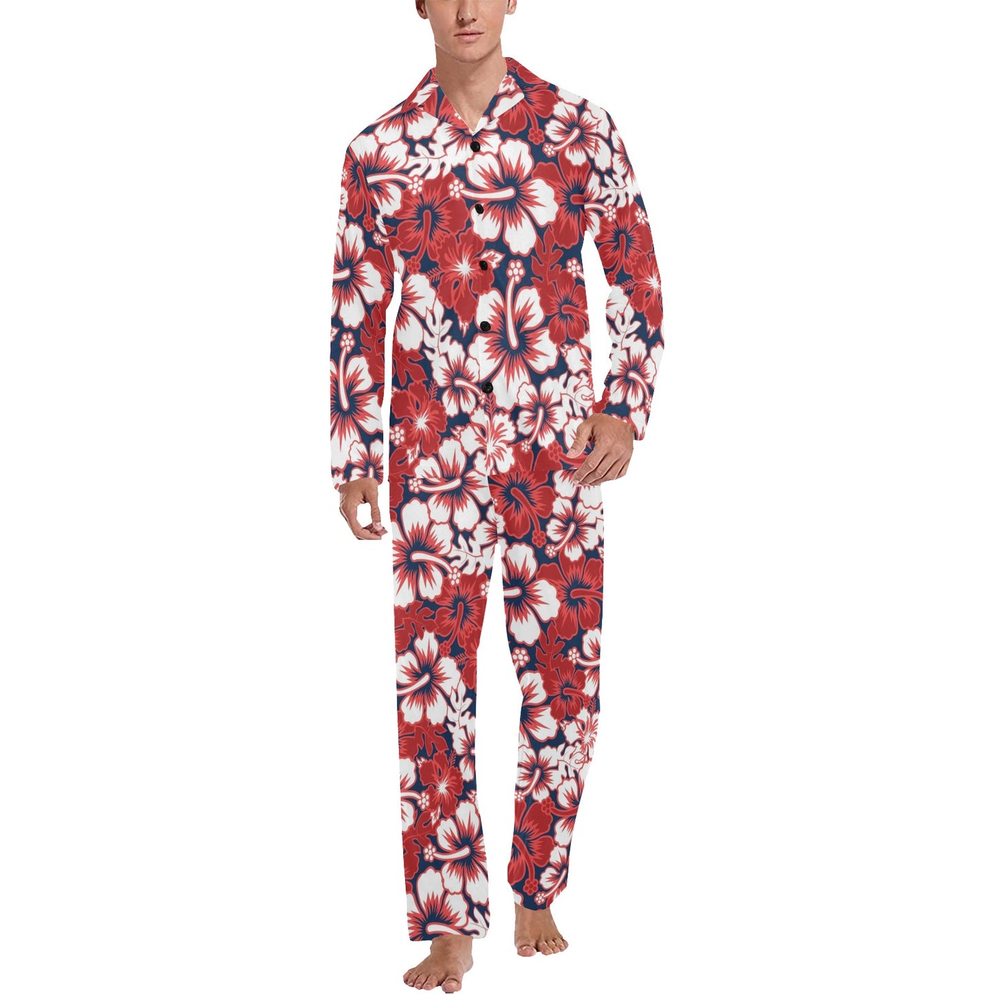 Red Hibiscus Pattern Print Design HB01 Men's Long Pajama Set